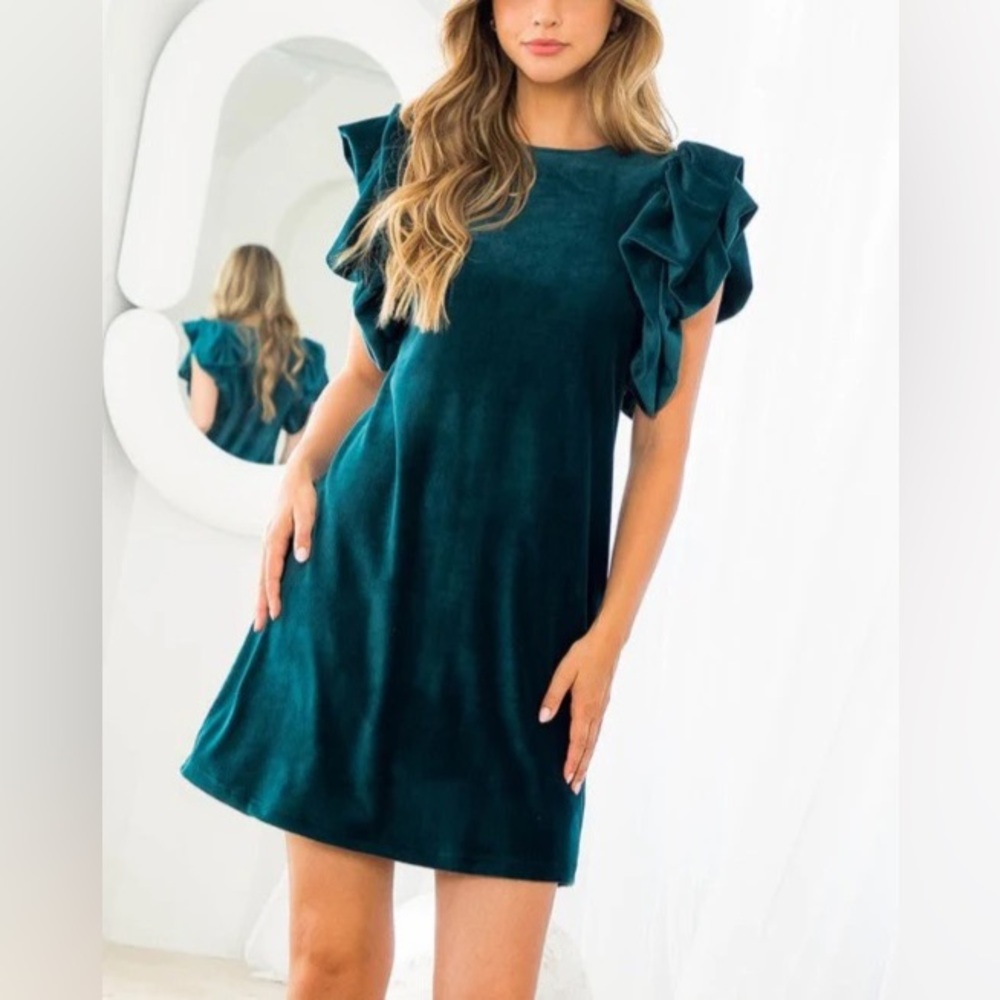 Teal Ruffle Puff Sleeve Corduroy Dress NWT size small